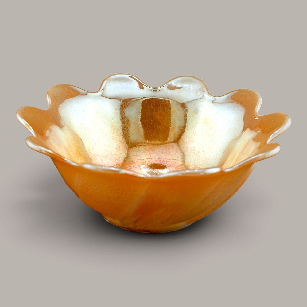 Vintage Fire-King Peach Lustre Swirl Scalloped Bowl and 3 Plate Set Glass